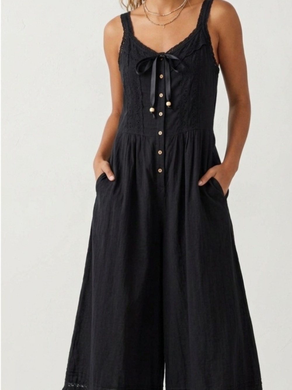 Natural Life Black Cotton Jumpsuit Sleeveless Scoop Neck Button Front Wide Leg M